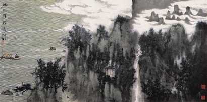 何加林  烟江闲钓图 镜心